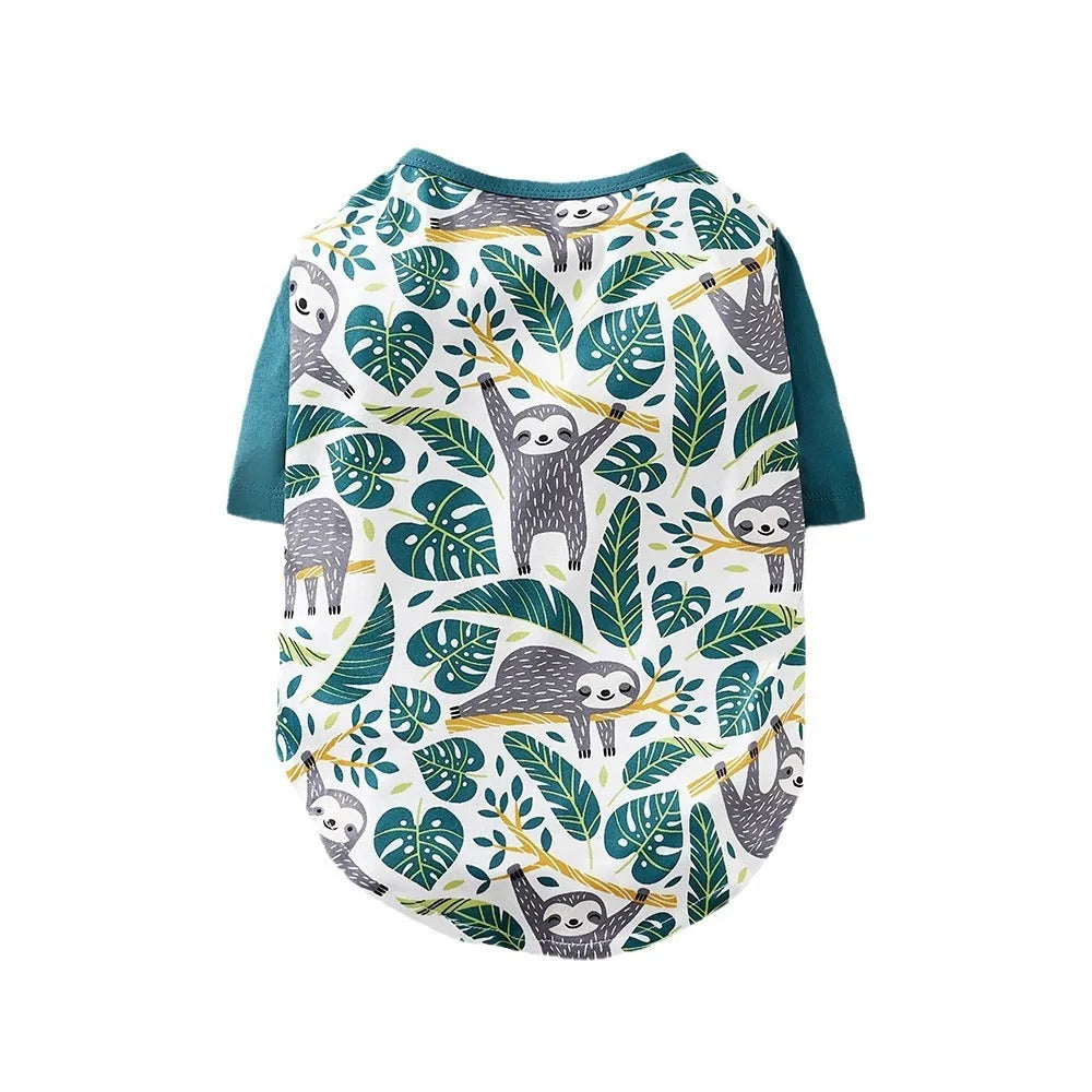 Full printed casual polyester t-shirt for small dogs, shown in multiple colour options with size chart.