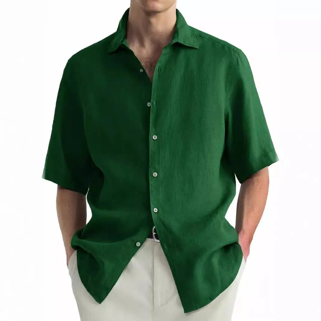 Green men's casual cotton cardigan-style shirt shown in regular fit