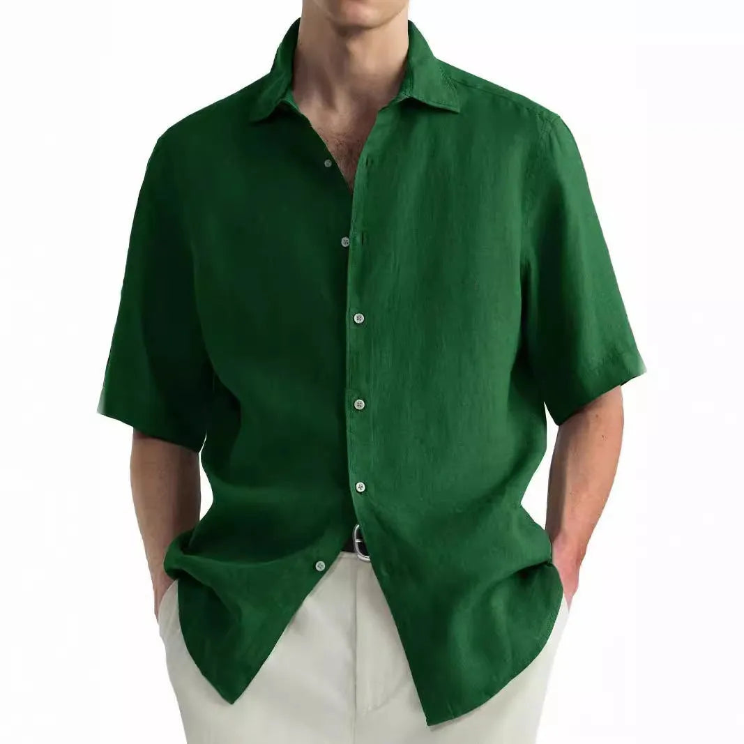Green men's casual cotton cardigan-style shirt shown in regular fit