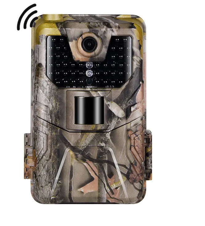 Camouflage outdoor trail camera with infrared LEDs, showing compact design for wildlife and security monitoring.