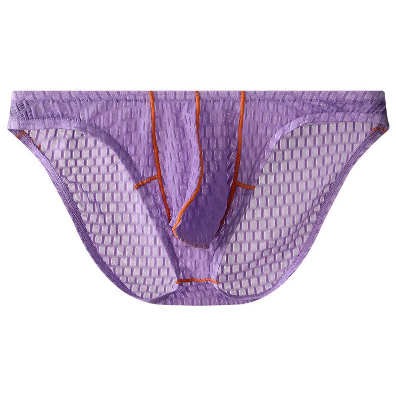Men's low-waist lace briefs in ice silk fabric on a white background, shown in green colour.