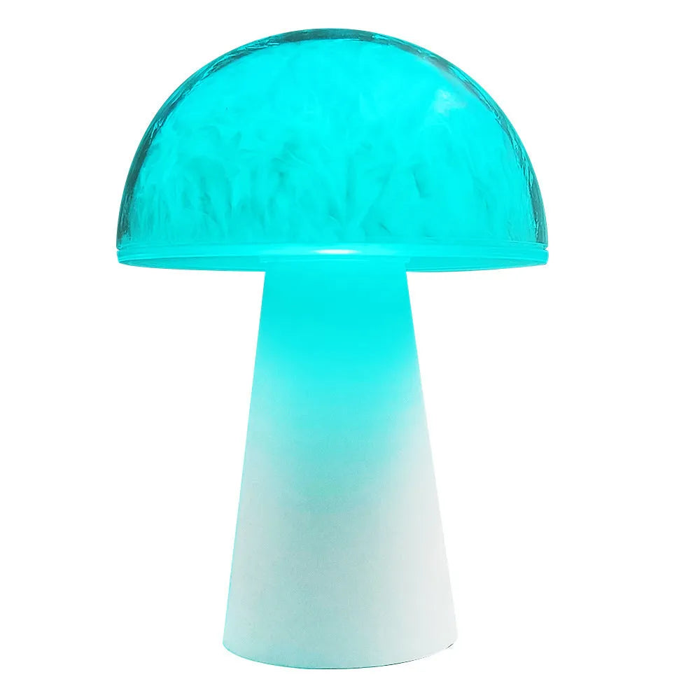 Mushroom-shaped night light with remote control showing RGB colour-changing illumination