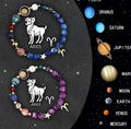 Two adjustable beaded bracelets with natural stone zodiac charms and metal accents on a wrist.