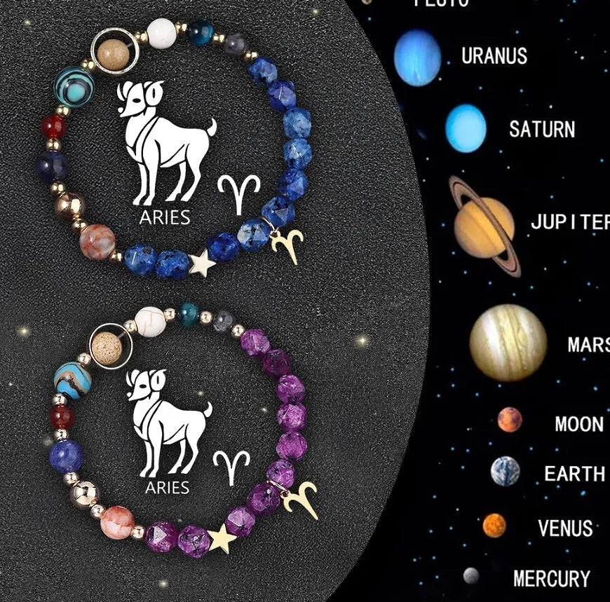 Two adjustable beaded bracelets with natural stone zodiac charms and metal accents on a wrist.