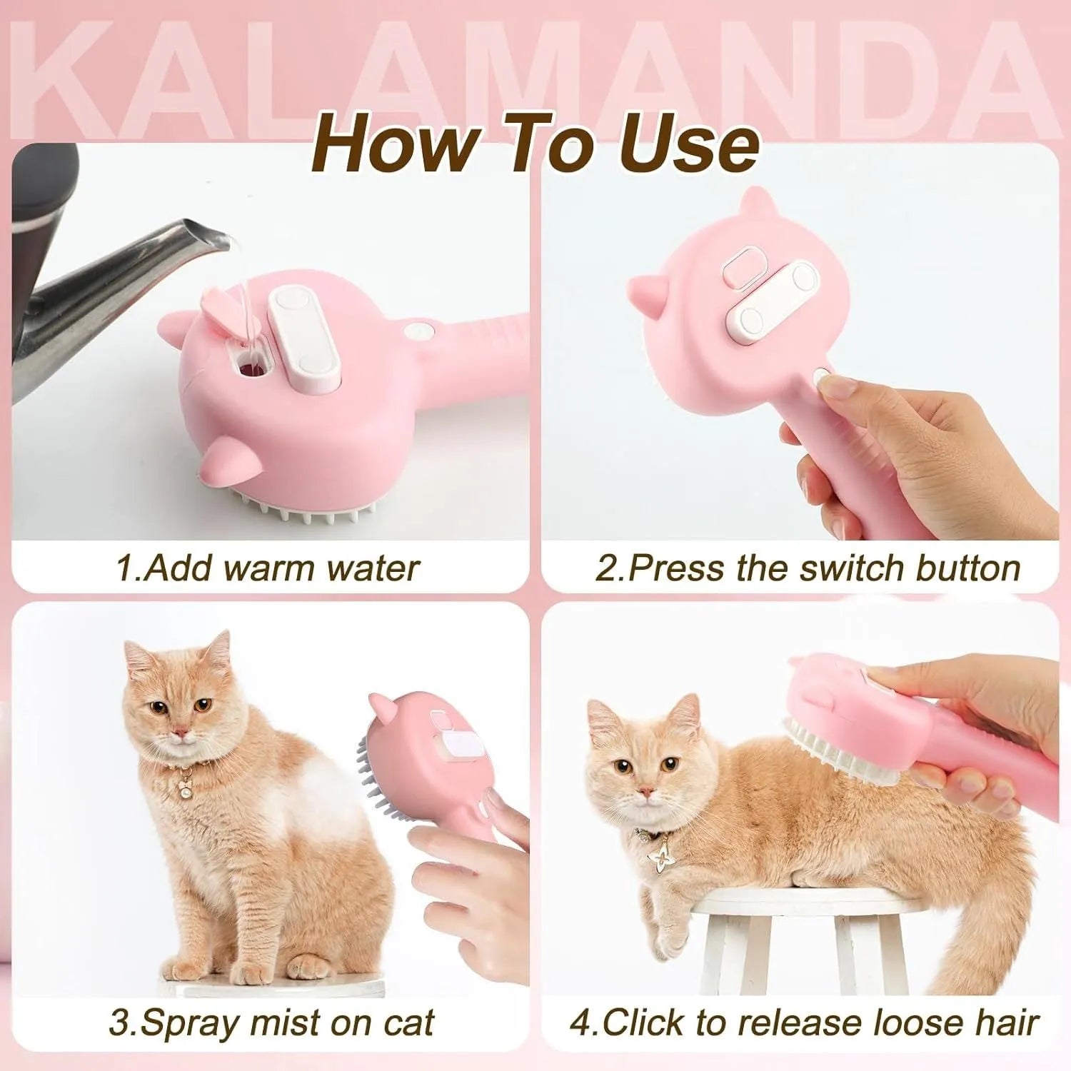 Cat steam brush with ergonomic handle and release button for pet grooming