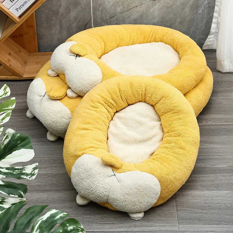 Corgi-shaped plush pet bed for dogs and cats in three sizes