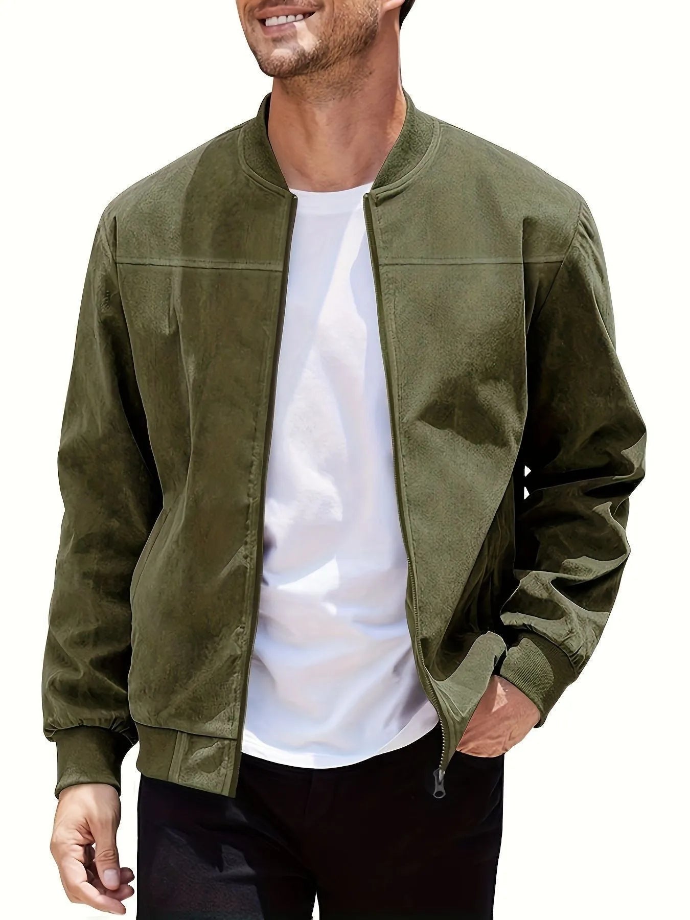 Men's casual plus size suede zipper jacket in polyester with cotton lining