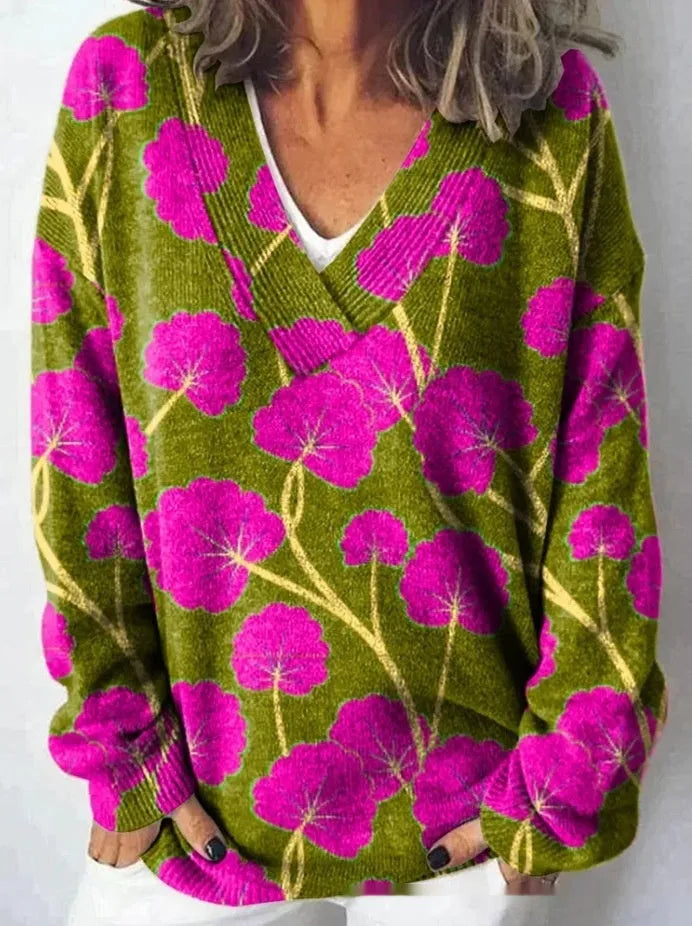 Women's art retro V-neck sweatshirt with a detailed 3D floral pattern print on long sleeves.