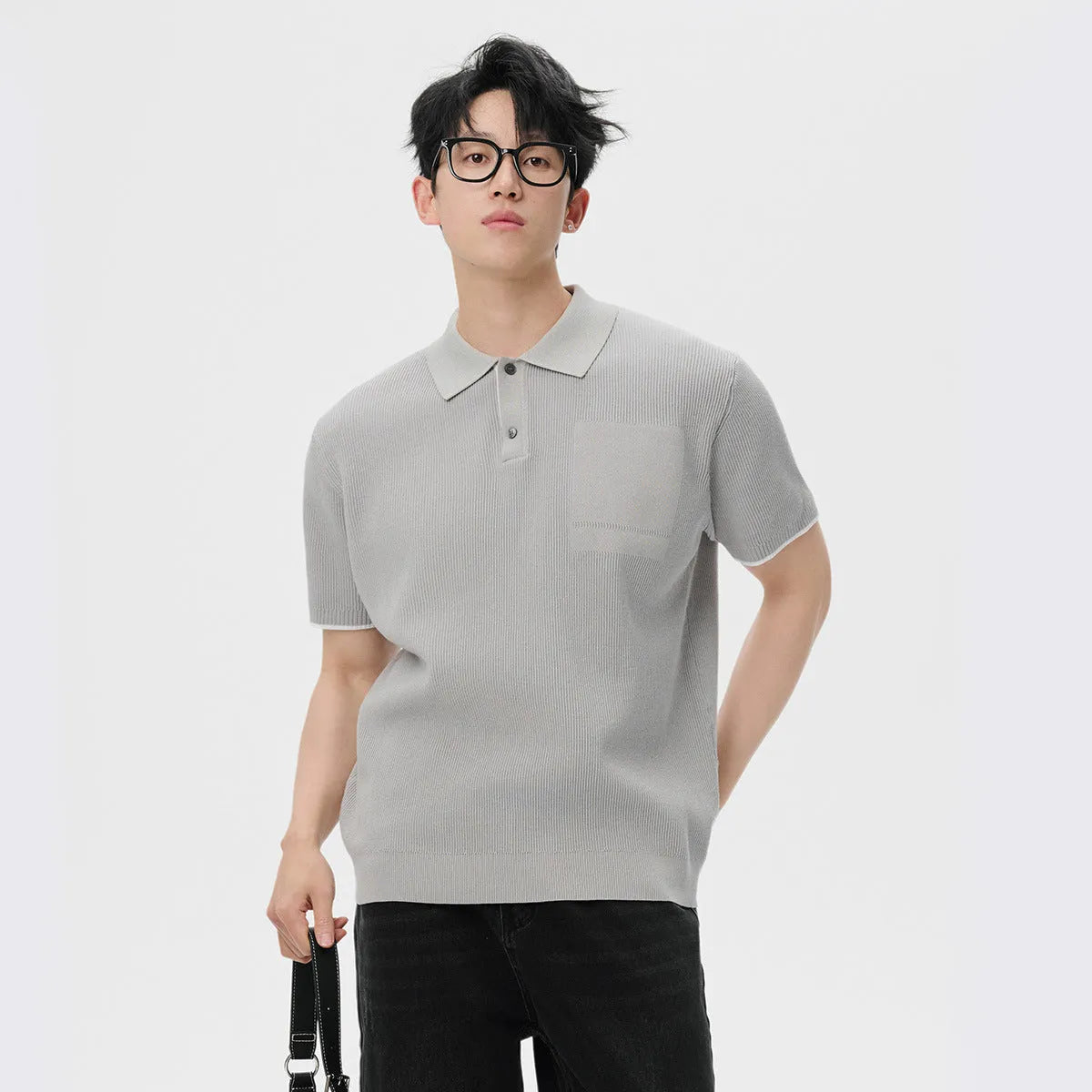 Men's summer business casual sweater with contrast colour lapels, short sleeves, solid colour, polyester fabric