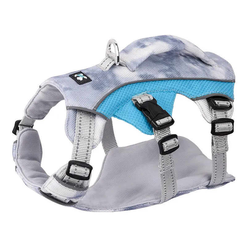 Reflective light blue dog harness chest strap shown on a canine mannequin.