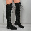 Flat heel round toe lace-up over the knee boots in black, shown with keep warm function and stitching detail.