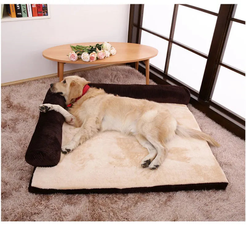Corduroy pet sofa dog bed with raised edges in coffee colour showing reversible bilateral design