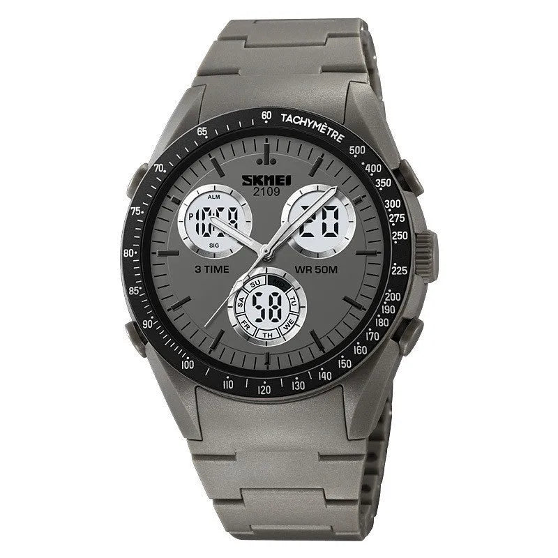 Electronic digital watch with a camouflage TPU strap and resin mirror, showing time on display.