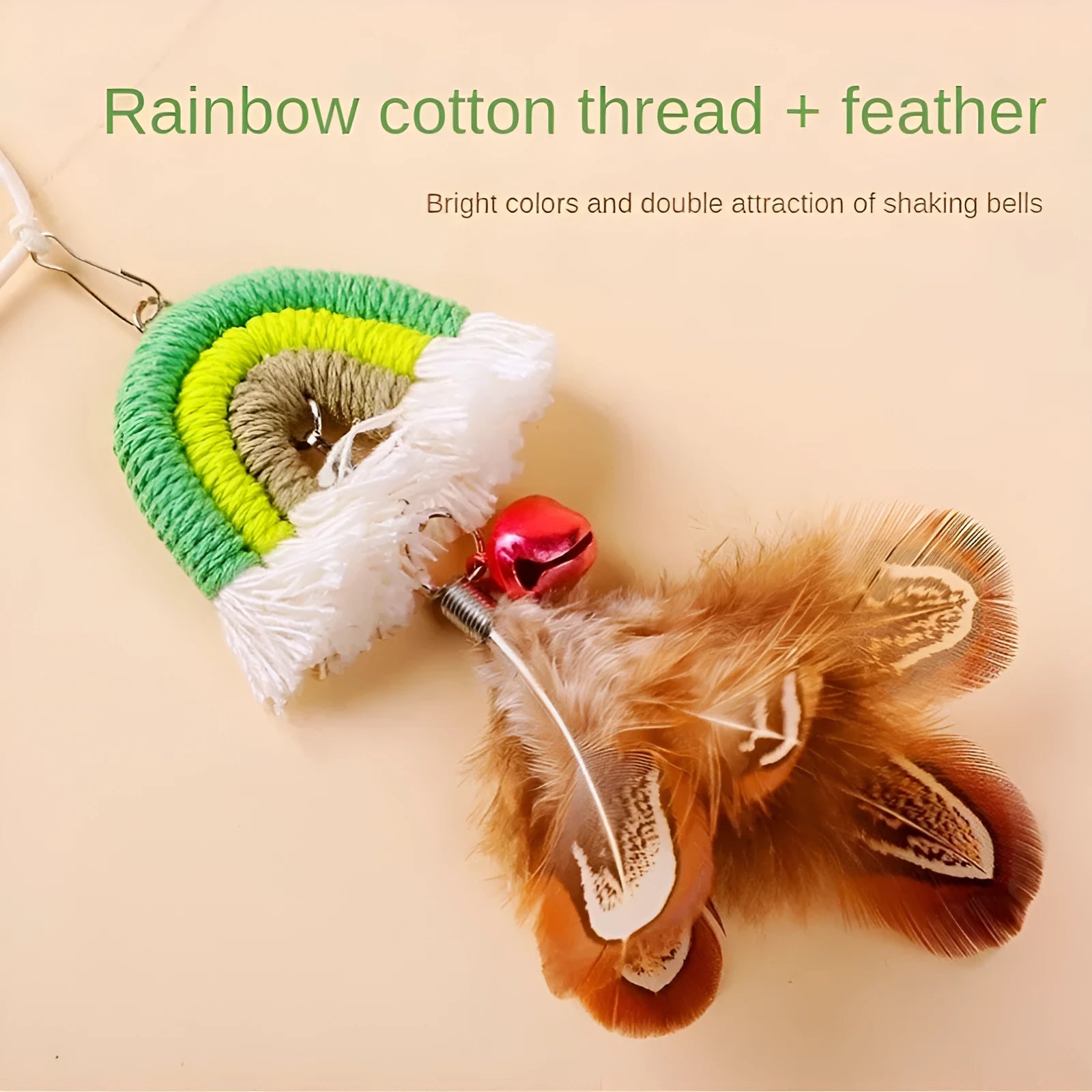 Cat door swing toy with colourful feathers on elastic cord attached by sticky buckle clamp