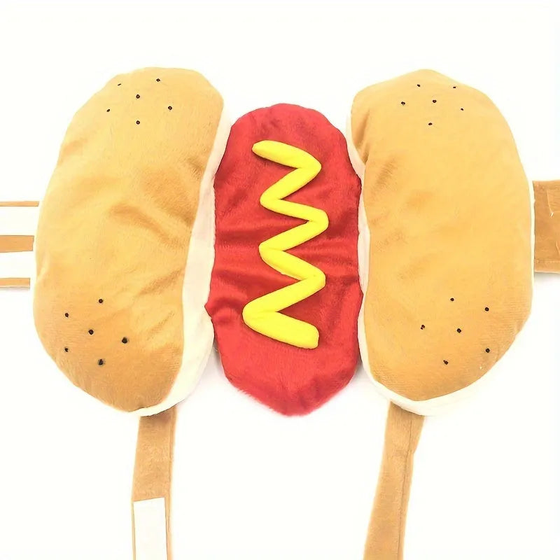 Brown and beige stuffed hot dog costume on a small dog, showing S M L sizes for pet parties.