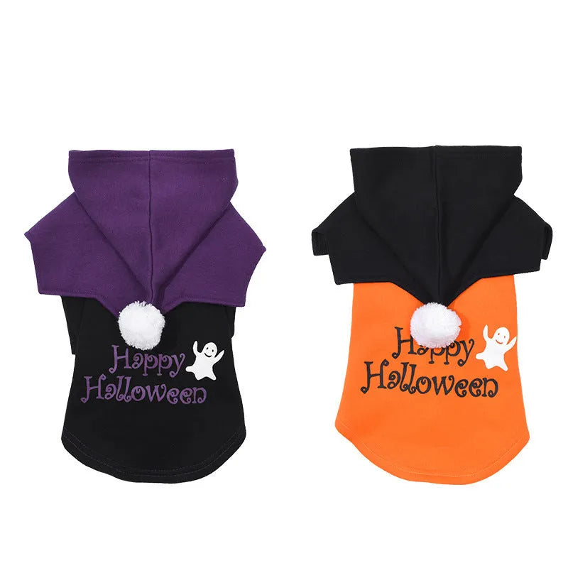 Halloween pumpkin themed two-piece dog sweater and shawl set in black and orange cotton