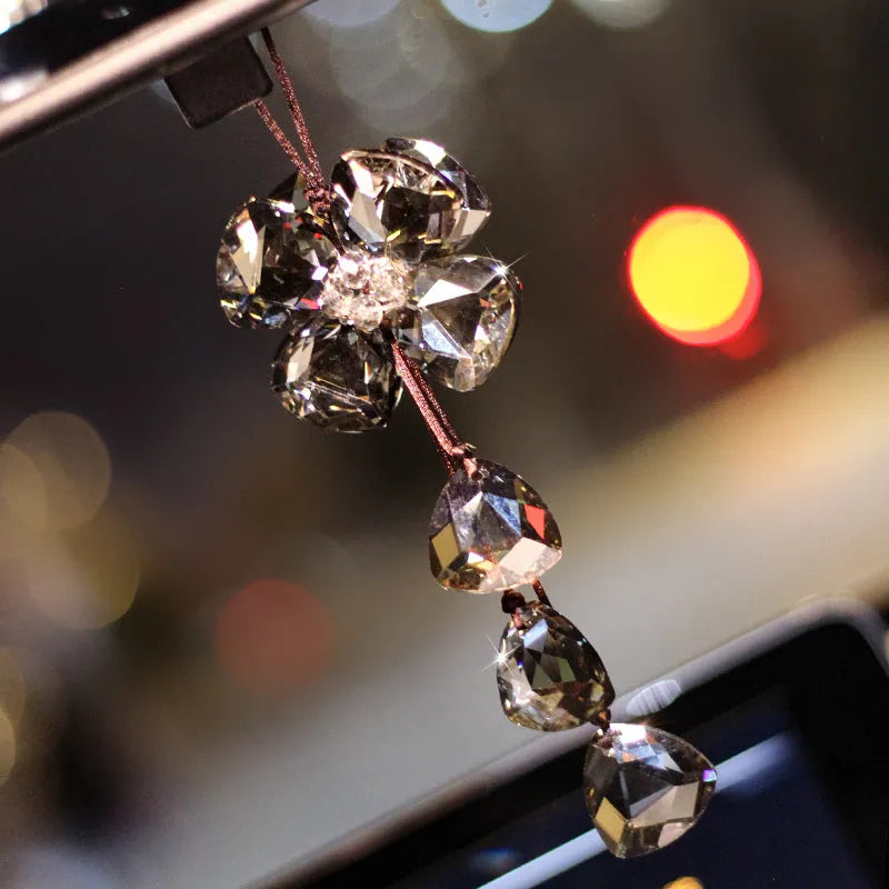 Crystal four leaf clover car pendant decoration approximately 20cm in transparent, champagne, black or shiny finish
