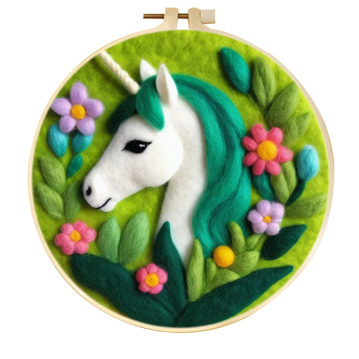 Round 20x20 cm linen embroidery kit with wool felt pieces for floral design and included embroidery frame.