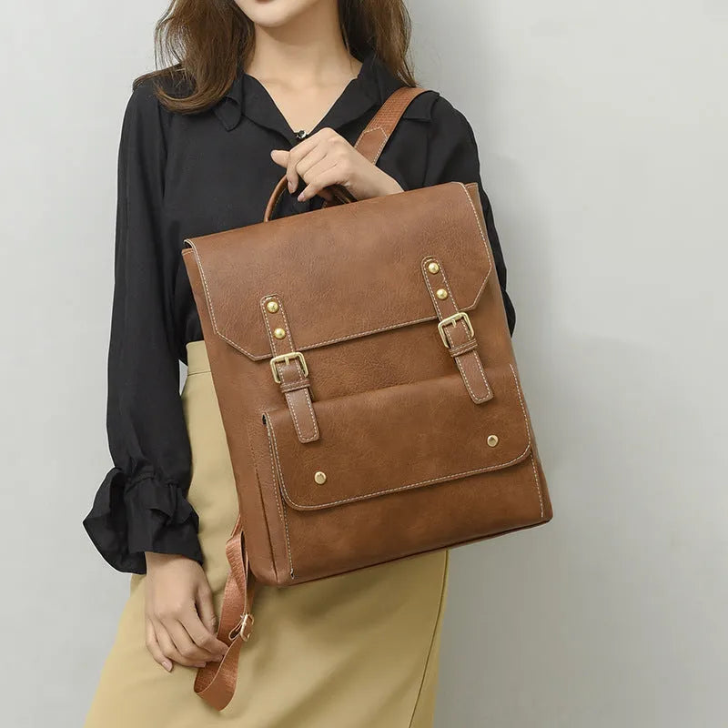 Korean retro style simple backpack in soft PU leather, shown in black, dark brown, milky white, and brown colour options.