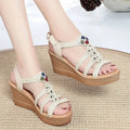 Women's platform sandals in beige with ankle-strap buckle and fish mouth toe