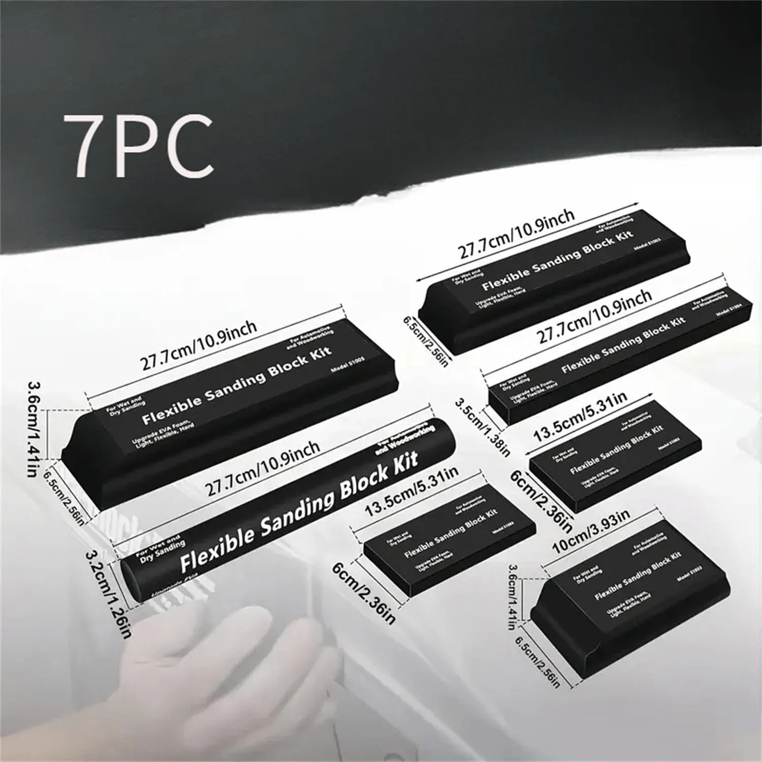 Set of seven black frosted metal EVA display blocks arranged together.