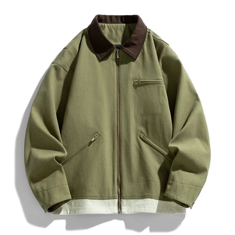 Korean style retro workwear jacket with contrast lapels in mint green, side seam pockets visible
