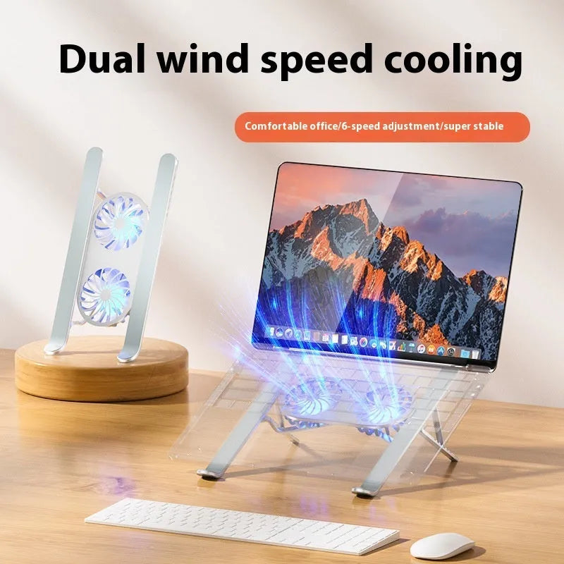 Silver aluminium laptop cooling stand with twin fans and adjustable height mechanism, folded beside notebook computer
