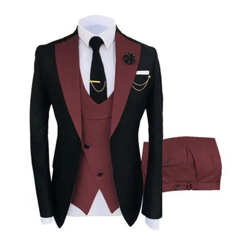 Men's slim fit three-piece business suit in cotton, showing coat, vest, and trousers on a hanger.