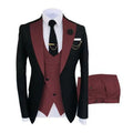 Men's slim fit three-piece business suit in cotton, showing coat, vest, and trousers on a hanger.