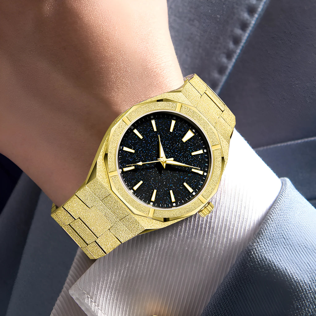 Men's business watch with frosted stainless steel case and luminous hands in silver, gold and black options