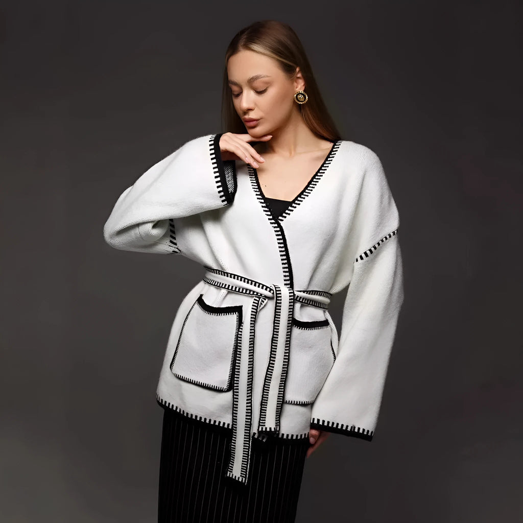 Loose mid-length lace-up knitted cardigan in black, white, or camel colour with thick imitation cashmere fabric