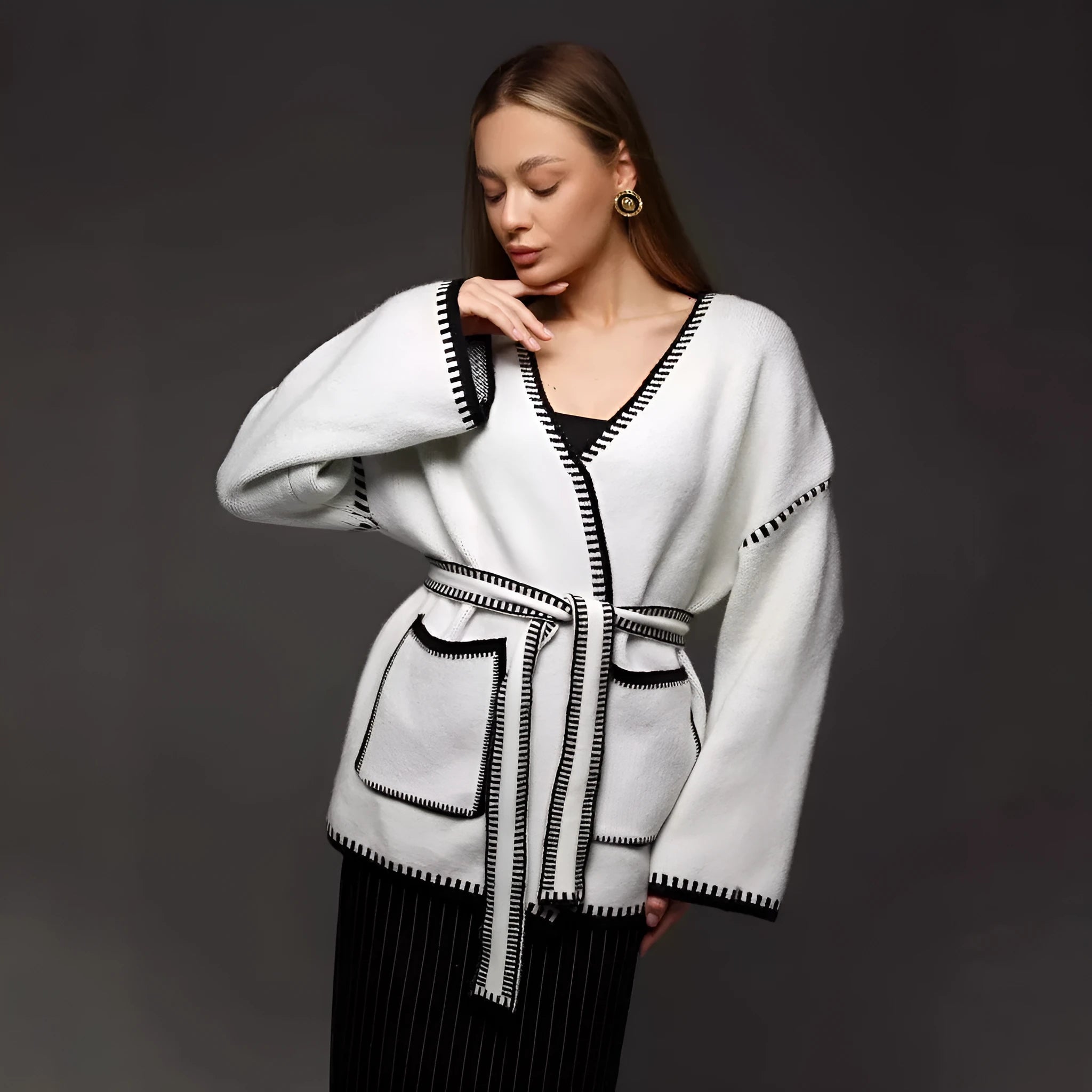 Loose mid-length lace-up knitted cardigan in black, white, or camel colour with thick imitation cashmere fabric
