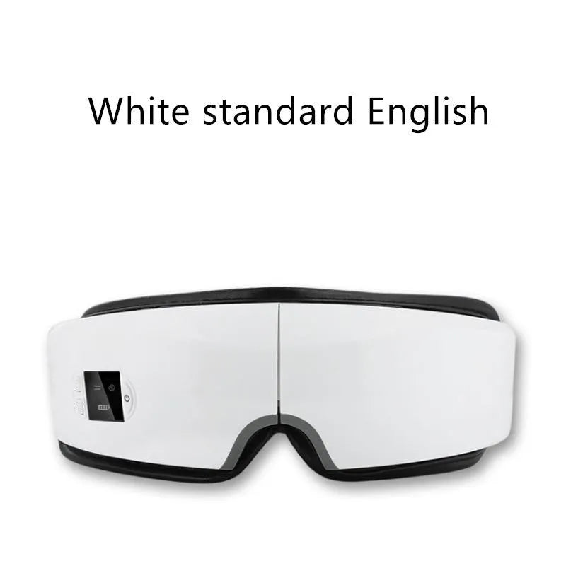 Black rechargeable eye massager with LCD screen, adjustable headband, and Bluetooth music player showing air pressure and hot compress functions