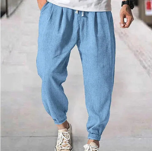 Men's casual cotton trousers in loose ankle-band fit for summer wear