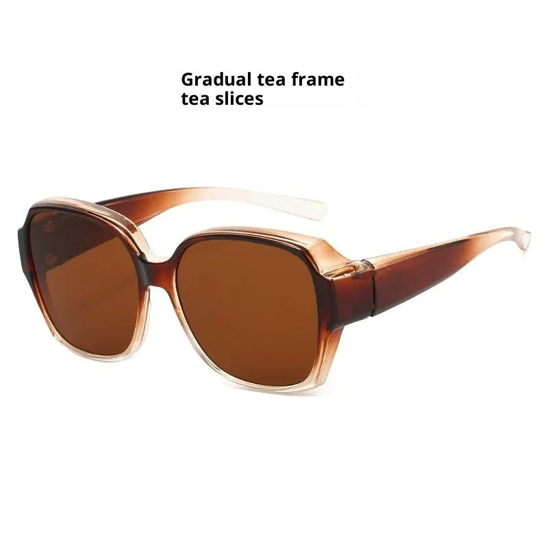 Large rim clip-on polarized sun glasses with black frame and black grey lens UV protection for women driving