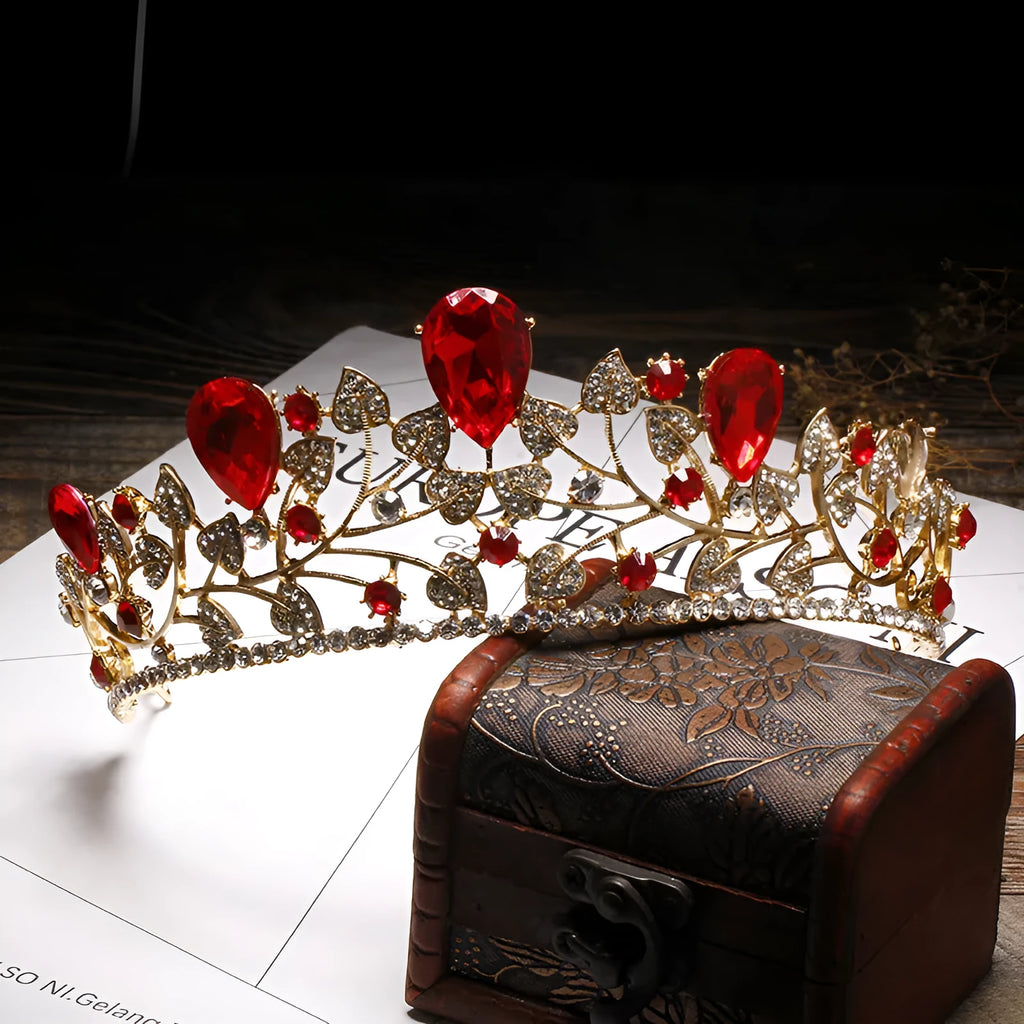 Golden leaves big crown wedding dress accessory with 18K gold finish and rhinestone crystals