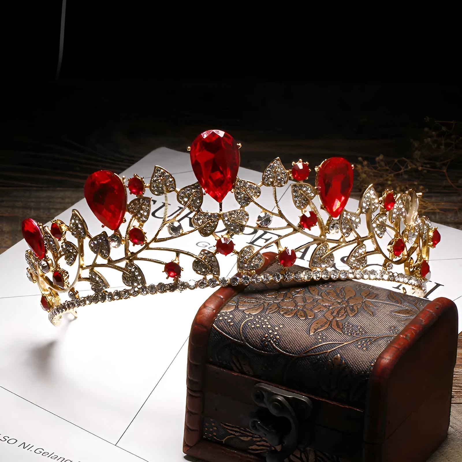Golden leaves big crown wedding dress accessory with 18K gold finish and rhinestone crystals