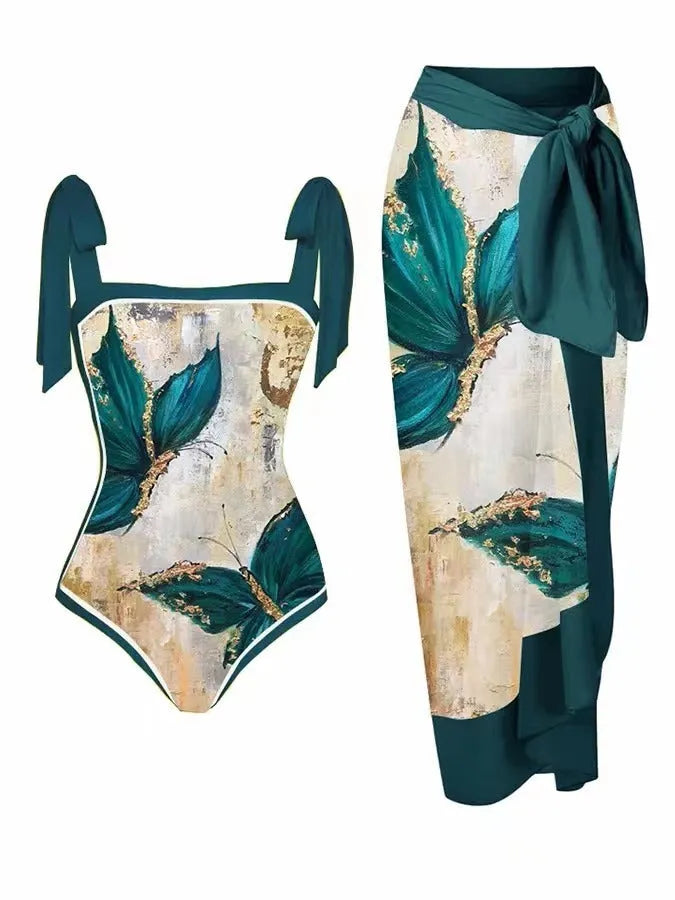 Women's floral print chiffon swimsuit with matching skirt for swimming