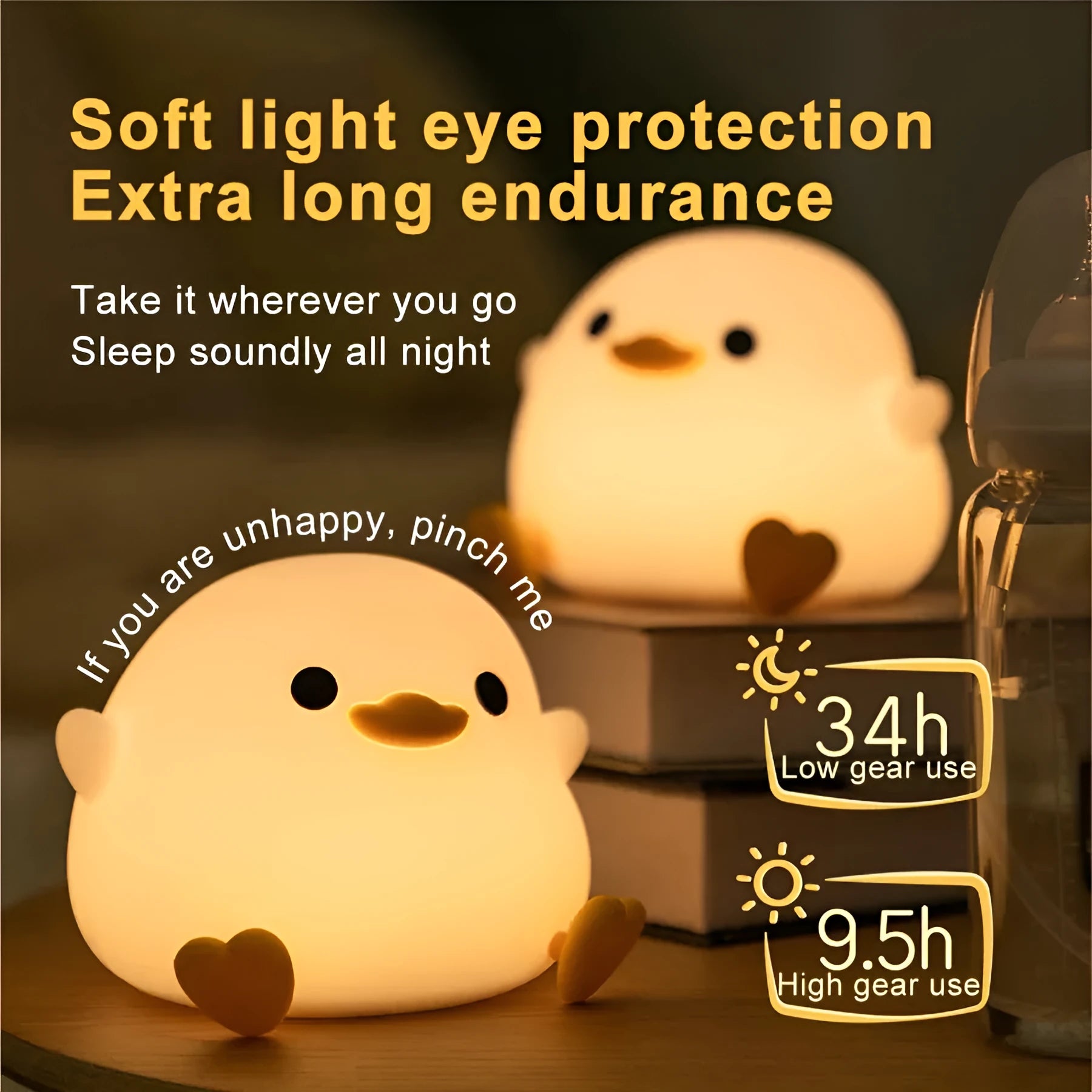 Doudou Duck silicone night light, BPA-free, squeeze to glow, 2 brightness levels, USB charging