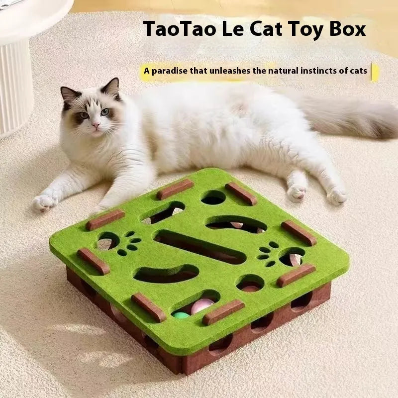 Handmade felt cat toy box in green brown colour, dimensions 30x30x7.5 cm