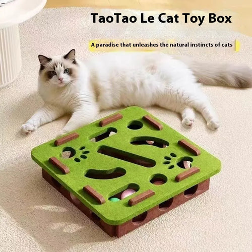 Handmade felt cat toy box in green brown colour, dimensions 30x30x7.5 cm