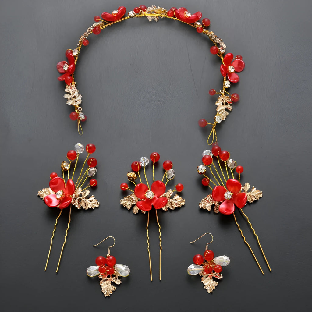 Costume jewelry set including wedding bride headdress and hair ornaments arranged together