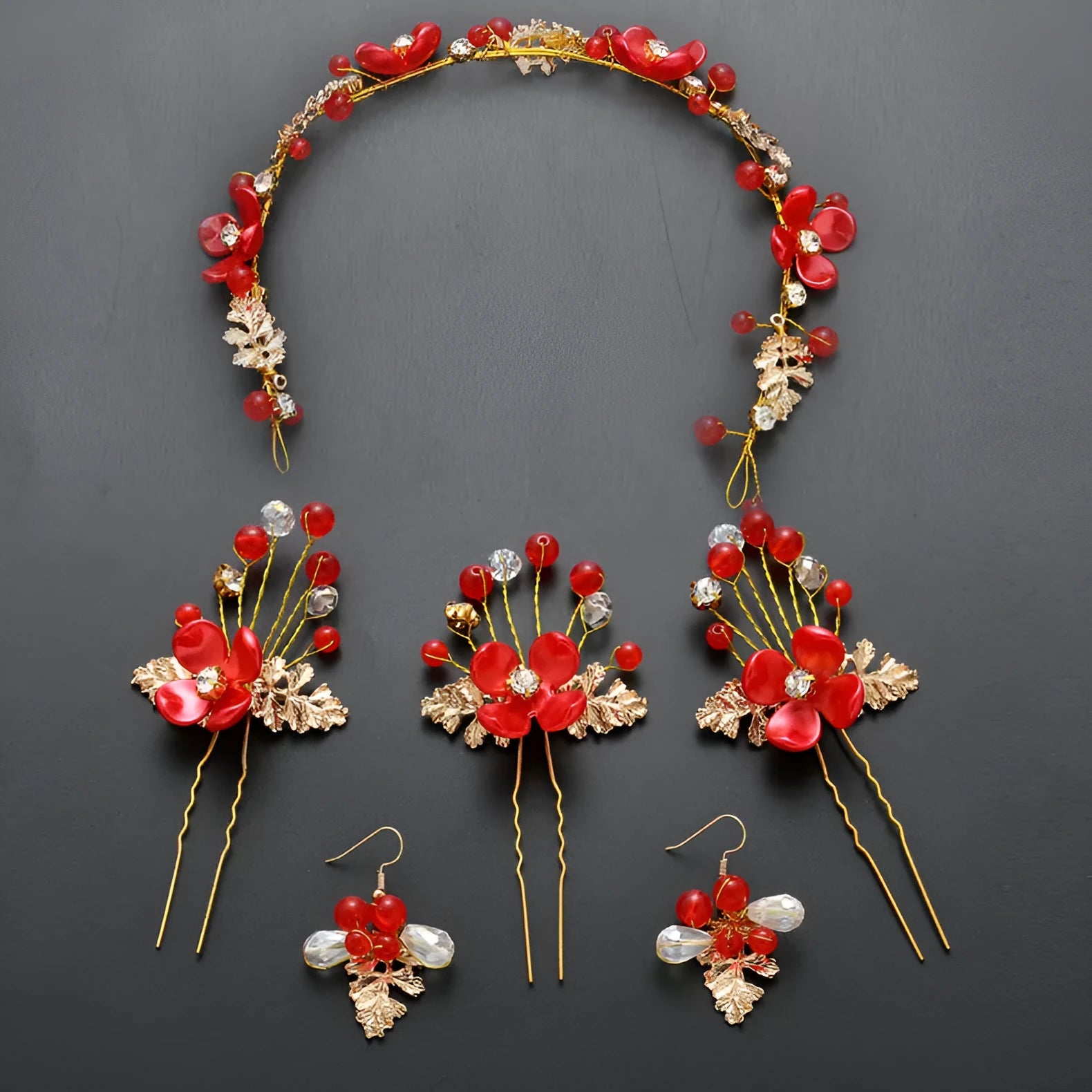 Costume jewelry set including wedding bride headdress and hair ornaments arranged together