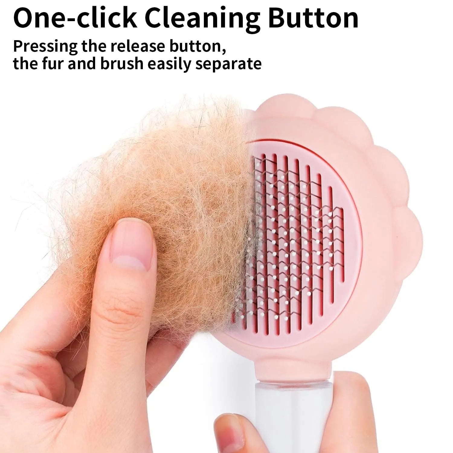 Grey self-cleaning cat brush with spray function and stainless steel bristles on a white background.