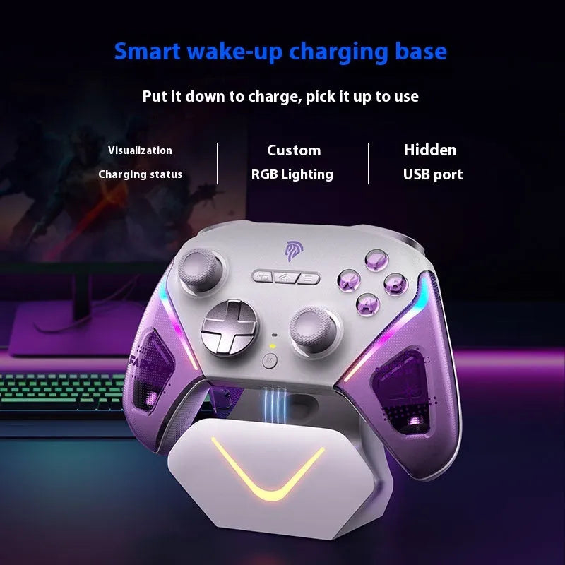 Rocker video game controller with charging dock in black, green, or purple, showing double-cut triggers and Type-C port.