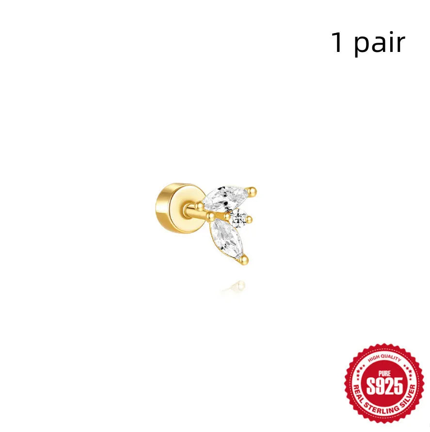 S925 sterling silver geometric flat column thread ear bone studs in gold plating.