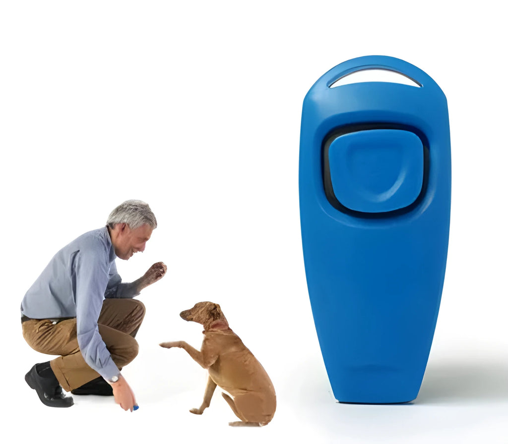 Plastic two-in-one dog training ring and whistle in black on a plain background
