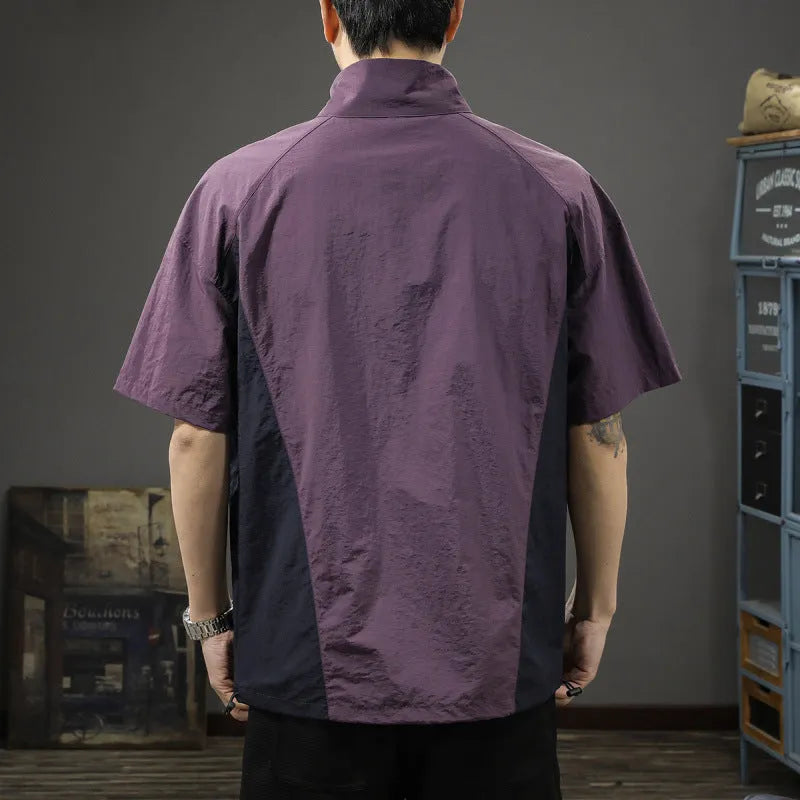 Brown men's half-zip stand collar casual shirt made from Ice Silk fabric, showing the front zip and short sleeves.