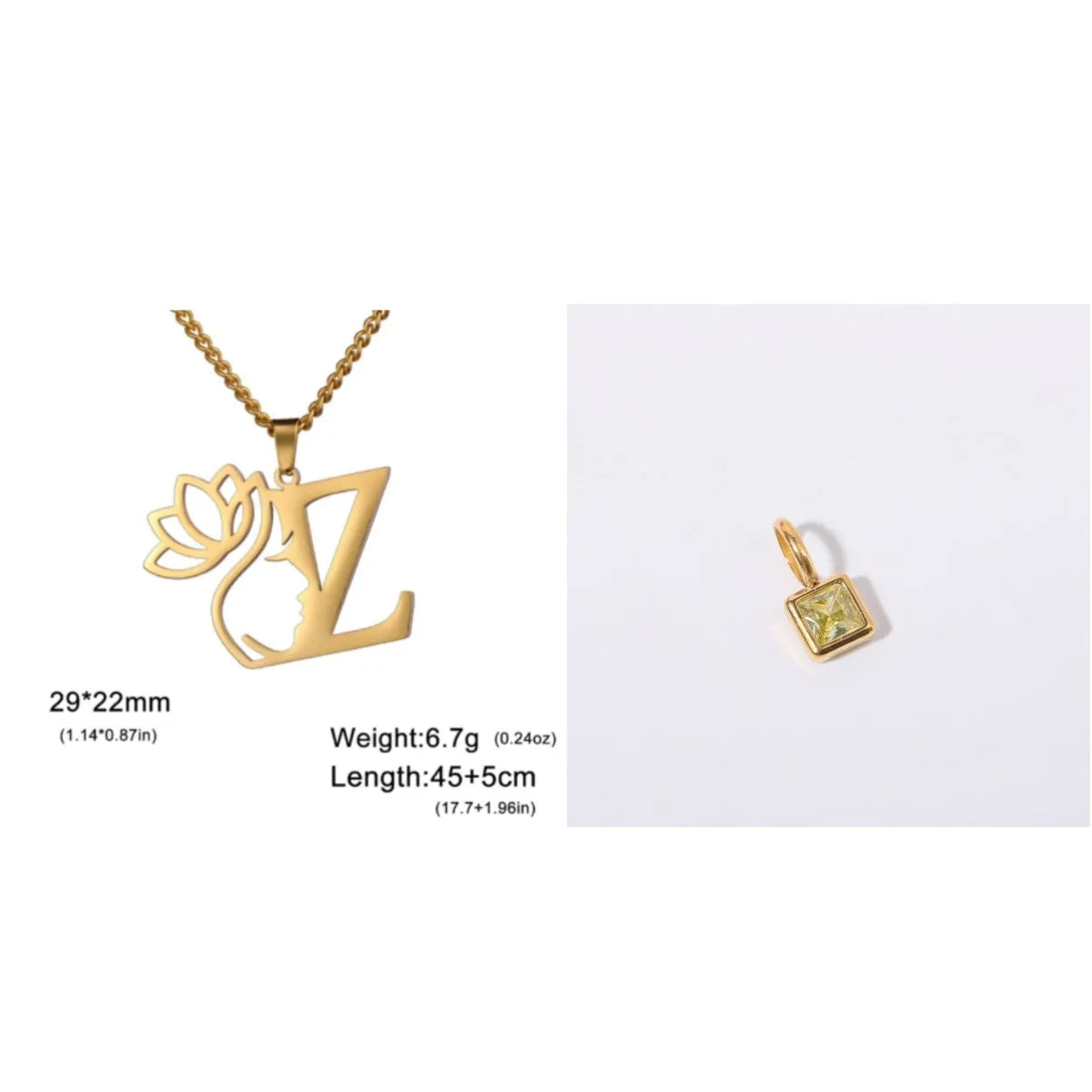 Stainless steel necklace with letter pendant on cross chain in gold or silver electroplated finish