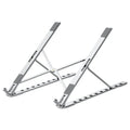 Folding flat aluminium alloy laptop stand in grey, 255x35x13mm, angled to show silicone pads and hinge mechanism